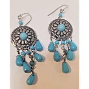 Faux Turquoise Dangle Earrings Silver Tone Signed NR Southwestern Tribal